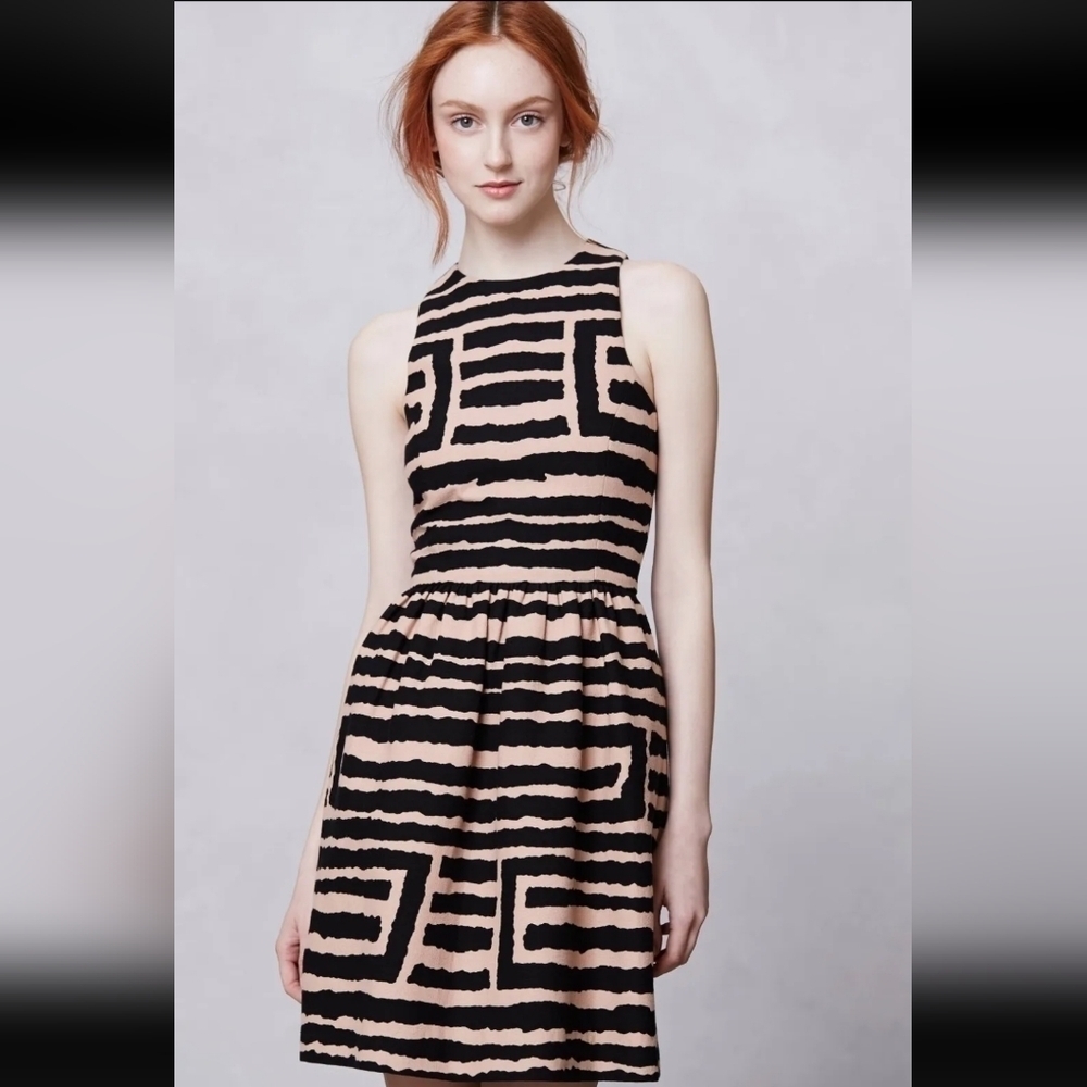 Anthropologie 4C Tan & Black Animal Print Sleeveless Segmented Labyrinth Dress S